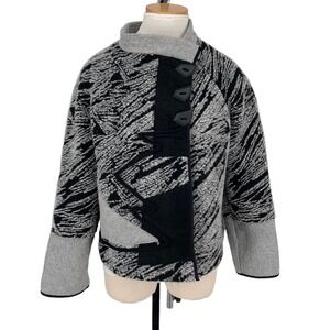 Jaskar Fleece Jacket Womens L Gray Black Excellent Lagenlook Asymmetric Abstract